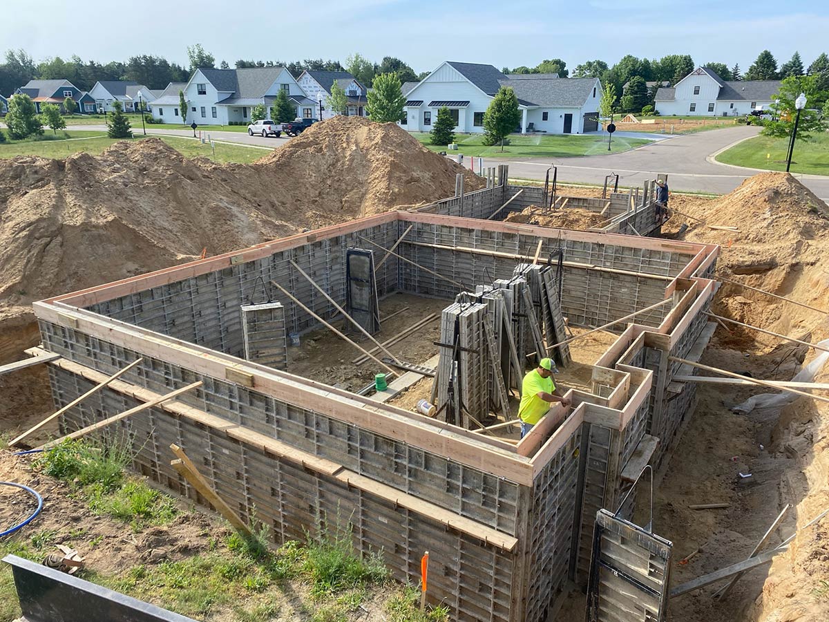 forms for new basement being set up for pouring concrete